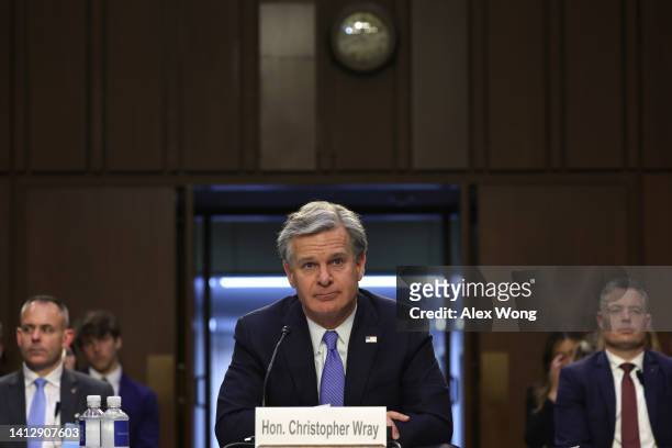 Director Christopher Wray testifies during a hearing before Senate Judiciary Committee at Hart Senate Office Building on Capitol Hill August 4, 2022...