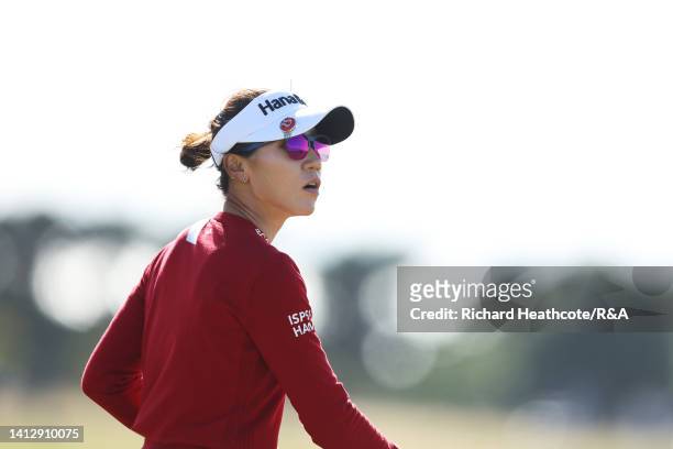 Lydia Ko of New Zealand looks on across the 17th hole during Day One of the AIG Women's Open at Muirfield on August 04, 2022 in Gullane, Scotland.