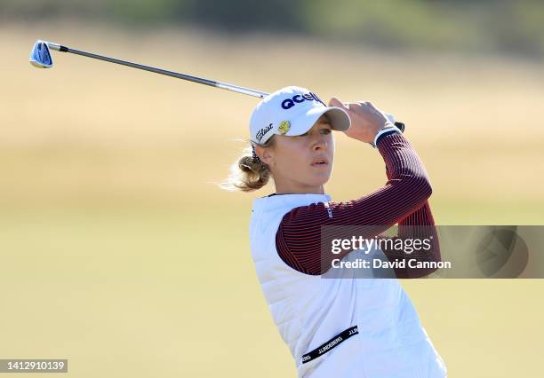 Nelly Korda of The United States plays her second shot on the 17th hole during the first round of the AIG Women's Open at Muirfield on August 04,...