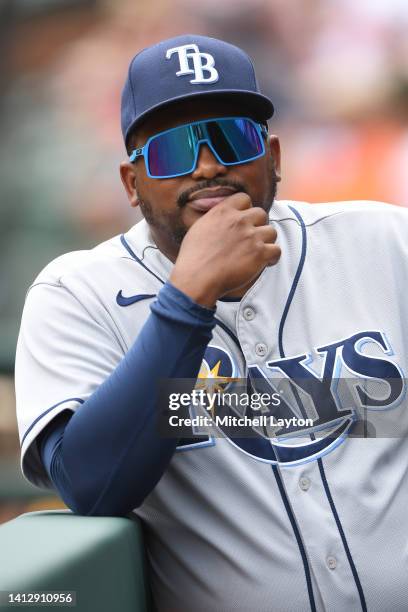 Rodney Linares of the Tampa Bay Rays looks on before a baseball game against the Baltimore Orioles at Oriole Park at Camden Yards Park at on July 28,...