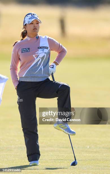 Jin Young Ko of South Korea waits to play her second shot on the 18th hole during the first round of the AIG Women's Open at Muirfield on August 04,...