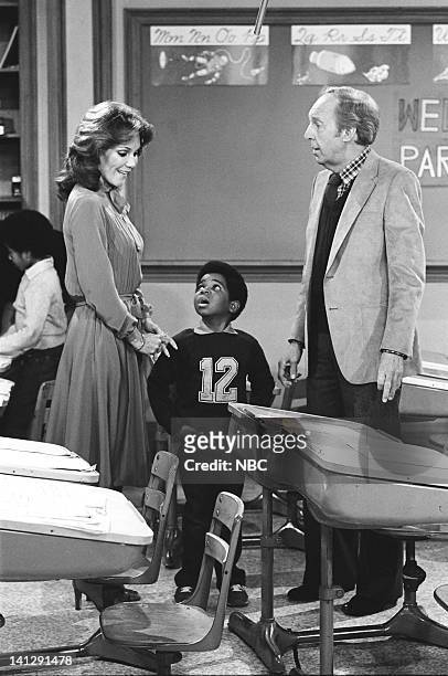 Teacher's Pet" Episode 23 -- Pictured: Mary Ann Mobley as Nancy Osbourne, Gary Coleman as Arnold Jackson, Conrad Bain as Philip Drummond -- Photo by:...