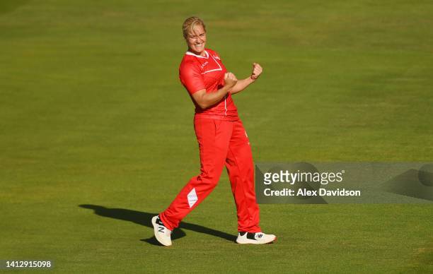 Katherine Brunt of Team England celebrates the wicket of Amelia Kerr of Team New Zealand during the Cricket T20 Group B match between Team England...