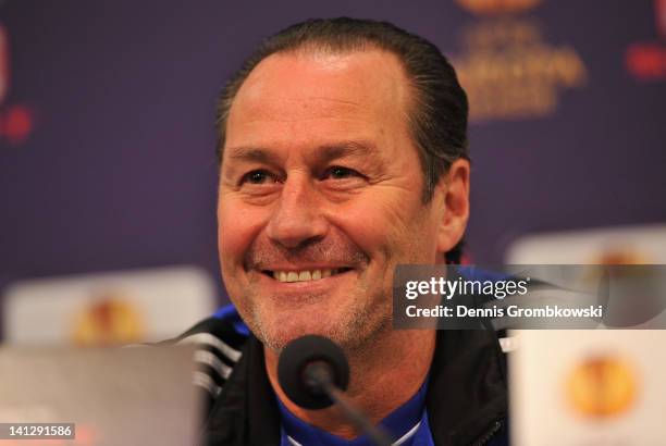 Head coach Huub Stevens of Schalke smiles during a press conference ahead of their UEFA Europa League round of 16 second leg match against FC Twente...