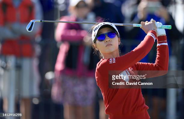 Lydia Ko of New Zealand plays her tee shot on the 16th hole during the first round of the AIG Women's Open at Muirfield on August 04, 2022 in...