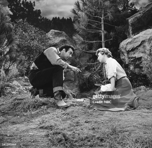 The Last Trophy" Episode 27 -- Aired 3/26/1960 -- Pictured: Pernell Roberts as Adam Cartwright, Hazel Court as Lady Beatrice Dunsford -- Photo by:...