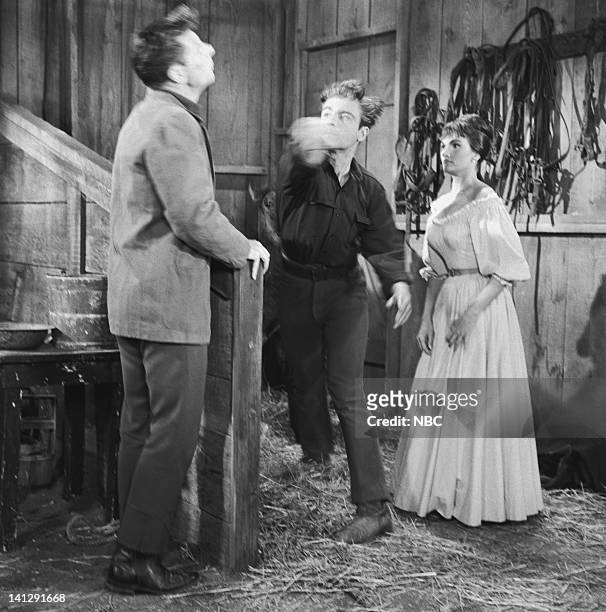 Escape to Ponderosa" Episode 25 -- Aired 3/5/60 -- Pictured Joe Maross as Jimmy Sutton, Grant Williams as Lt. Paul Tyler, Gloria Talbott as Nedda --...