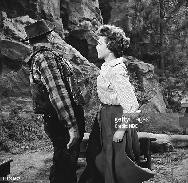 The Last Trophy" Episode 27 -- Aired 3/26/1960 -- Pictured: Bert Freed as Simon Belcher, Hazel Court as Lady Beatrice Dunsford -- Photo by: NBCU...