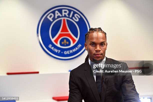 Renato Sanches answers PSG TV after signin a 5 year contract with the Paris Saint-Germain on August 04, 2022 in Paris, France.