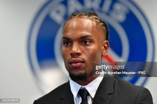 Renato Sanches answers PSG TV after signin a 5 year contract with the Paris Saint-Germain on August 04, 2022 in Paris, France.