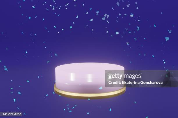 light purple round podium on a purple background in the air with a scattering of blue fragment , a platform for design and product demonstration, three-dimensional 3d - confetti light blue background stock pictures, royalty-free photos & images
