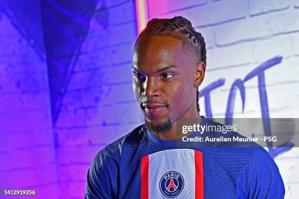 Renato Sanches poses after signing a 5 year contract with the Paris Saint-Germain on August 04, 2022 in Paris, France.