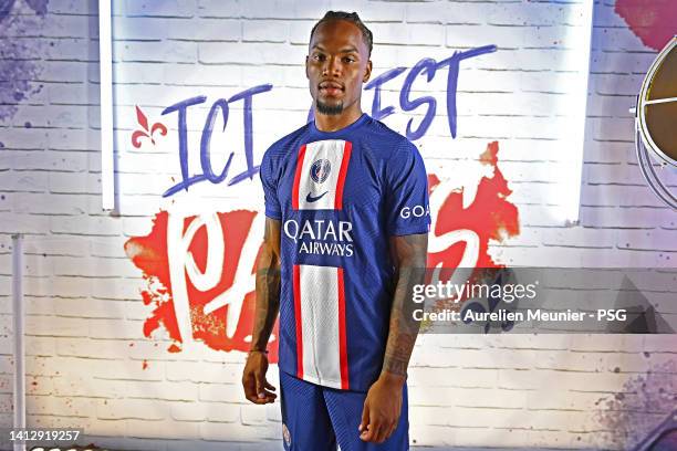 Renato Sanches poses after signing a 5 year contract with the Paris Saint-Germain on August 04, 2022 in Paris, France.