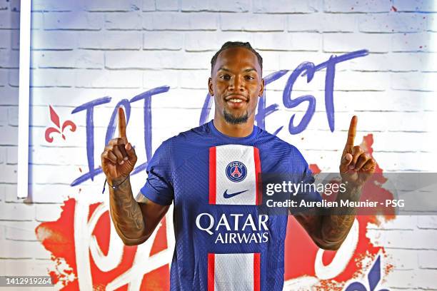 Renato Sanches poses after signing a 5 year contract with the Paris Saint-Germain on August 04, 2022 in Paris, France.