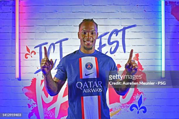 Renato Sanches poses after signing a 5 year contract with the Paris Saint-Germain on August 04, 2022 in Paris, France.
