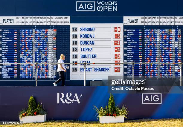 General view of the grandstand leaderboard is seen during Day One of the AIG Women's Open at Muirfield on August 4, 2022 in Gullane, Scotland.