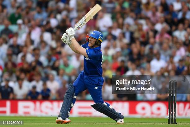 Eoin Morgan of London Spirit Men smashes a six during The Hundred match between Oval Invincibles Men and London Spirit Men at The Kia Oval on August...