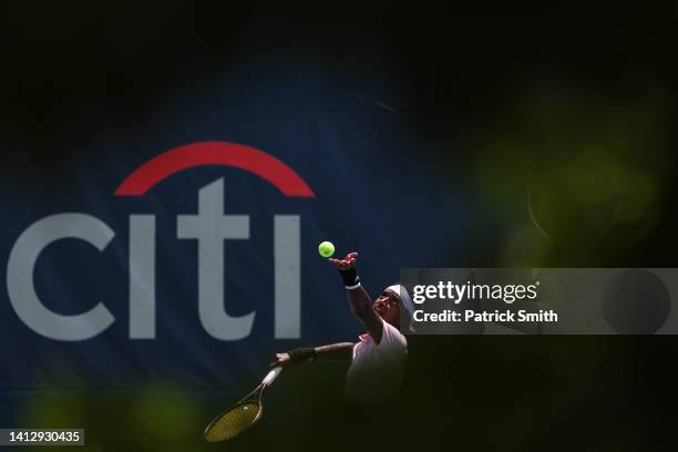 Mikael Ymer of Sweden serves to Emil Ruusuvuori of Finland during Day 6 of the Citi Open at Rock Creek Tennis Center on August 04, 2022 in...