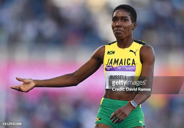 Janieve Russell of Team Jamaica reacts after qualifying in the Women's 400m Hurdles Round 1 heats on day seven of the Birmingham 2022 Commonwealth...