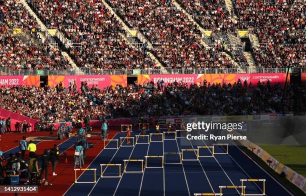 Athletes compete during the Women's 400m Hurdles Round 1 heats on day seven of the Birmingham 2022 Commonwealth Games at Alexander Stadium on August...