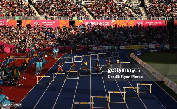 Athletes compete during the Women's 400m Hurdles Round 1 heats on day seven of the Birmingham 2022 Commonwealth Games at Alexander Stadium on August...