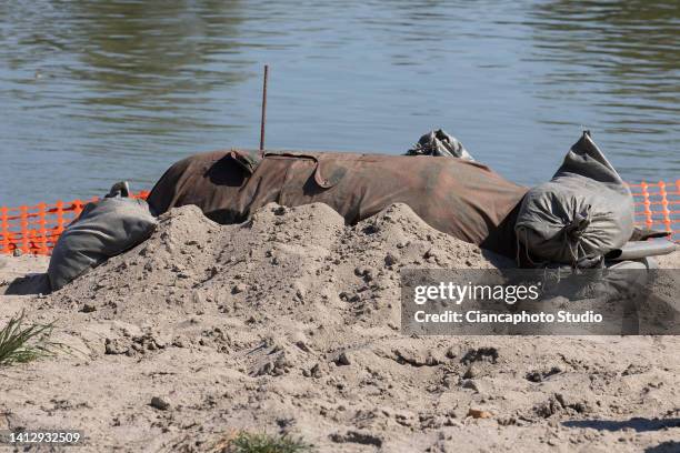 In this view unexploded bombs from the Second World War are seen on dry waters in the Po river in the province of Mantua on August 4, 2022 in...