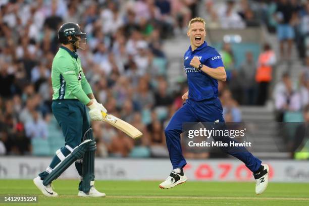 Nathan Ellis of London Spirit celebrates after dismissing Jason Roy of Oval Invincibles Men first ball of the innings during The Hundred match...