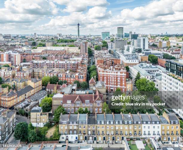 london, over looking the rooftops of bloomsbury, from a drone perspective - bloomsbury london stock-fotos und bilder
