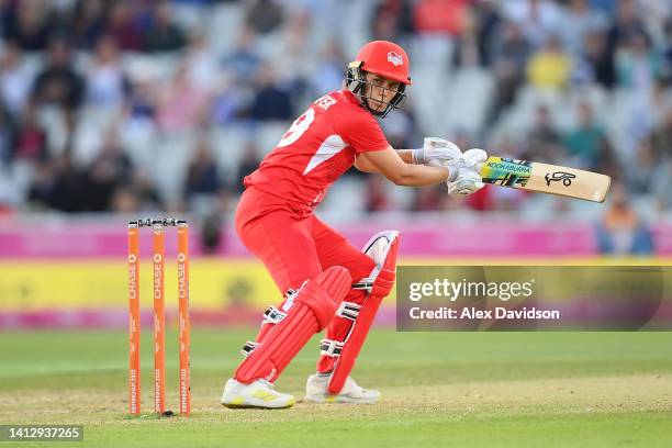 Nat Sciver of Team England bats during the Cricket T20 Group B match between Team England and Team New Zealand on day seven of the Birmingham 2022...