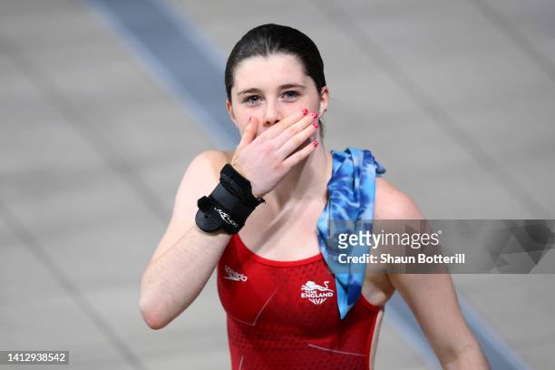 Andrea Spendolini Sirieix of Team England celebrates after winning gold in the Women's 10m Platform Final on day seven of the Birmingham 2022...