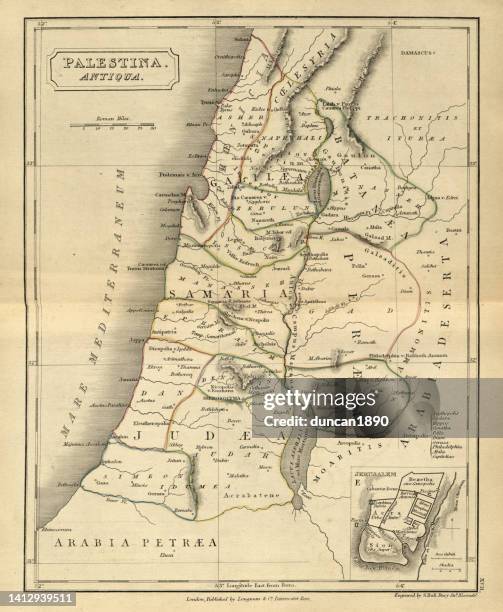 bildbanksillustrationer, clip art samt tecknat material och ikoner med antique map of ancient palestine, with detail of jerusalem,  atlas of ancient geography - mellanöstern