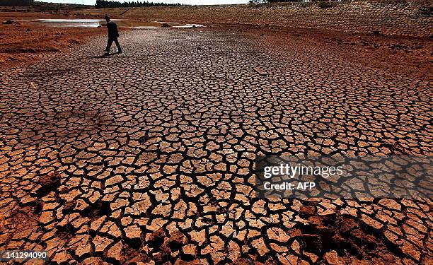 Man walks across a dried up reservoir in the outskirts of Kunming, southwest China's Yunnan province on February 2, 2010. Officials recently warned...