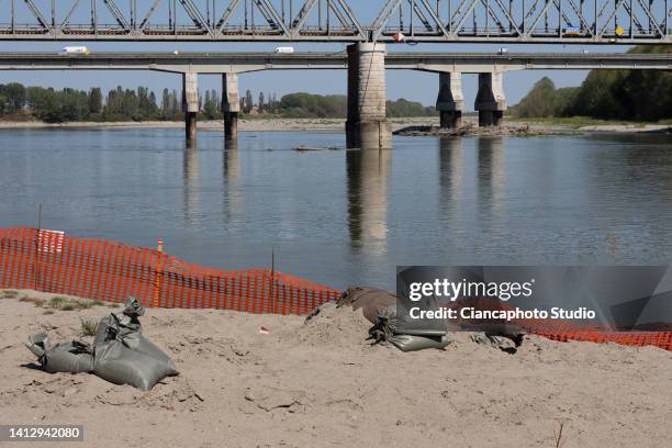 In this view an unexploded bomb from the Second World War is seen on dry waters in the Po river in the province of Mantua on August 4, 2022 in...