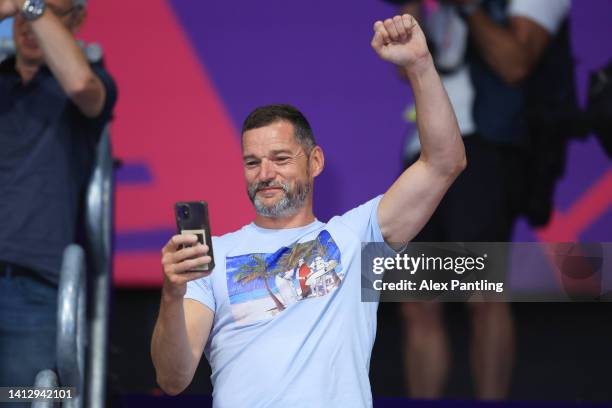 Fred Sirieix, French maître d'hôtel and Father of Gold medalist, Andrea Spendolini Sirieix of Team England celebrates during day seven of the...