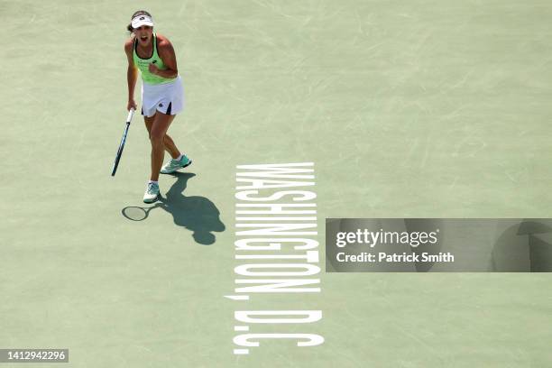 Camila Osorio of Colombia celebrates a point against Emma Raducanu of Great Britain during Day 6 of the Citi Open at Rock Creek Tennis Center on...