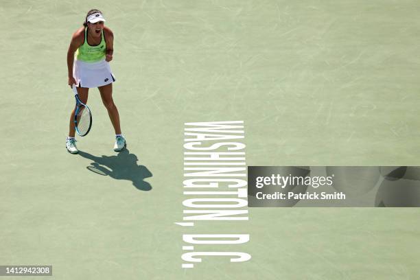 Camila Osorio of Colombia celebrates a point against Emma Raducanu of Great Britain during Day 6 of the Citi Open at Rock Creek Tennis Center on...