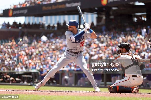 Joey Gallo of the Los Angeles Dodgers takes his first at-bat as a Dodger in the second inning against the San Francisco Giants at Oracle Park on...