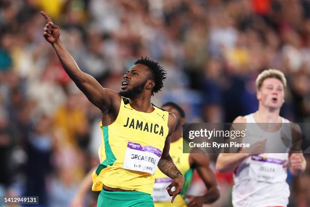 Rasheed Broadbell of Team Jamaica celebrates after winning the gold medal in the Men's 110m Hurdles Final on day seven of the Birmingham 2022...