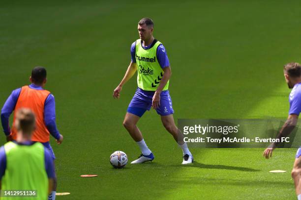 Michael Keane during the Everton training session at Goodison Park on August 04, 2022 in Liverpool, England.