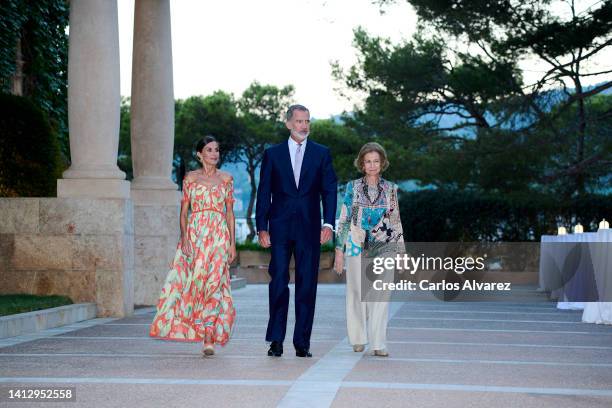 King Felipe VI of Spain , Queen Letizia of Spain , and Queen Sofia host a dinner for authorities at the Marivent Palace on August 04, 2022 in Palma...