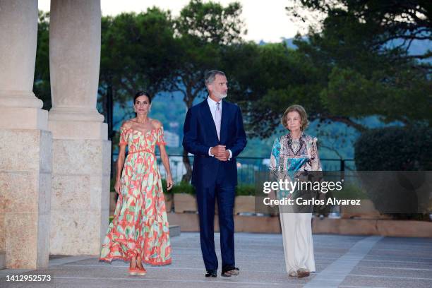 King Felipe VI of Spain , Queen Letizia of Spain , and Queen Sofia host a dinner for authorities at the Marivent Palace on August 04, 2022 in Palma...