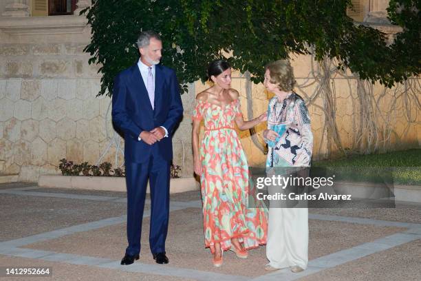 King Felipe VI of Spain , Queen Letizia of Spain , and Queen Sofia host a dinner for authorities at the Marivent Palace on August 04, 2022 in Palma...