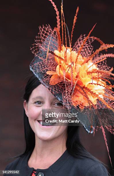 Horse racing enthusiast Abbi Williams poses for a photograph on Ladies Day at the Cheltenham Festival 2012 on March 14, 2012 in Cheltenham, England....