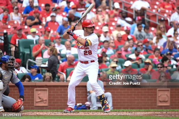 Nolan Arenado of the St. Louis Cardinals at bat against the Chicago Cubs in game one of a double header at Busch Stadium on August 4, 2022 in St...