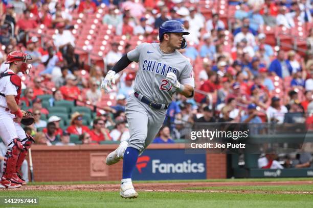 Seiya Suzuki of the Chicago Cubs runs against the St. Louis Cardinals in game one of a double header at Busch Stadium on August 4, 2022 in St Louis,...