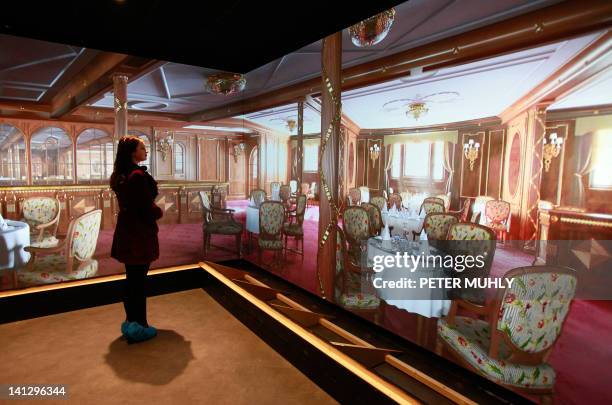 Computer generated image shows the main dining room aboard the Titanic ship at the Titanic Belfast visitor centre in Northern Ireland, on March 13,...