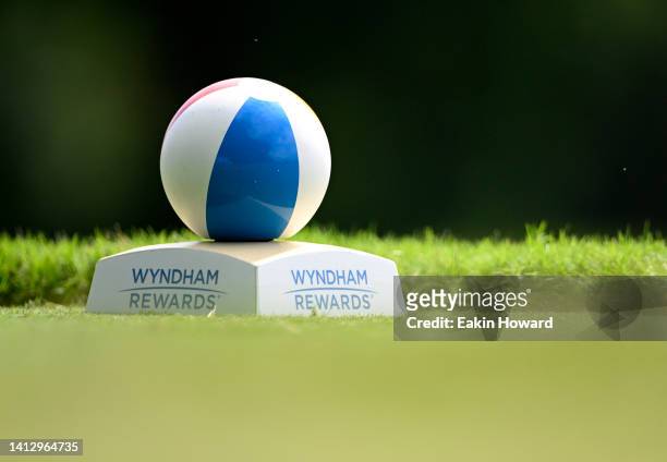 The 15th tee box marker during the first round of the Wyndham Championship at Sedgefield Country Club on August 04, 2022 in Greensboro, North...