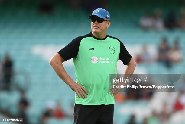 Tom Moody of Oval Invincibles looks on before The Hundred match between Oval Invincibles and London Spirit at The Kia Oval on August 04, 2022 in...