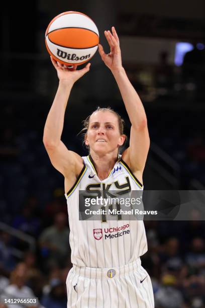 Allie Quigley of the Chicago Sky shoots a three pointer against the Dallas Wings during the second half at Wintrust Arena on August 02, 2022 in...