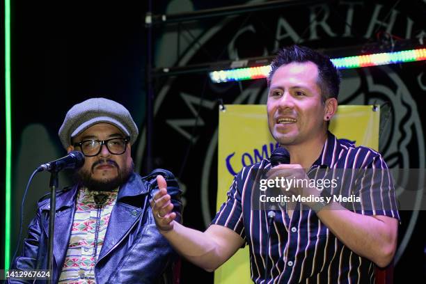 Hernan Raul PIOJO and Dario Vital of Comisario Pantera band speak during a press conference at McCarthy's Irish Pub on August 4, 2022 in Mexico City,...